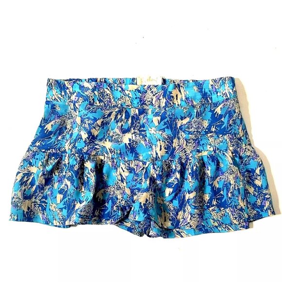 Rieley Blue Tan Paperbag Ruffle Shorts 100% Silk Feminine Summer - Picture 2 of 5